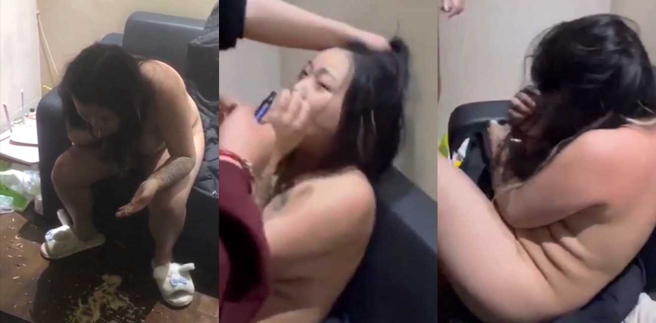 恶心慎入！可怜胖妹被男女同学强迫脱光衣服喝马桶水 喝的恶心吐了一地还强迫她吃掉！